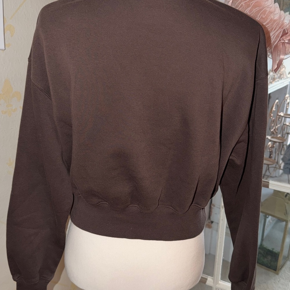 Nike Brown Cropped Half-Zip Sweatshirt with White Swoosh - Picture 2 of 3